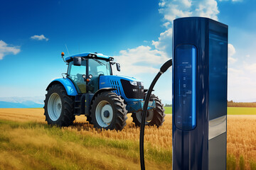 Poster - Electric vehicles charging station on a background of agricultural tractor. Concept..
