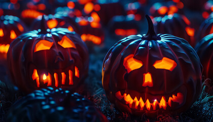 Wall Mural - Two pumpkins with scary faces are lit up in the dark