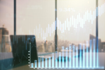 Poster - Multi exposure of abstract creative financial chart and modern desktop with laptop on background, research and analytics concept