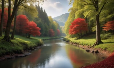 Red Trees in a River