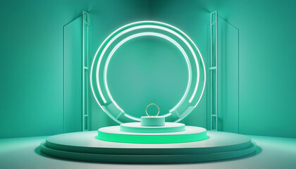 Wall Mural - Modern three-dimensional showcase with neon ring and curvy geometric shapes on empty podium in blue and green abstract background