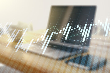 Poster - Abstract creative financial graph and modern desktop with computer on background, forex and investment concept. Multiexposure