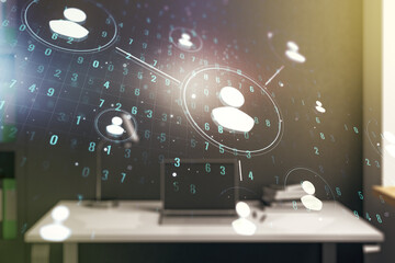 Poster - Double exposure of social network icons concept and modern desktop with laptop on background. Marketing and promotion concept