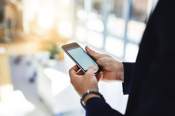 Aufkleber - Phone, man and hands typing in office for communication, networking and information of profit report. Male person, mobile and scroll for email, research and investment of digital finance notification