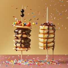 a poster for two new summer items, one chocolate and vanilla merry cream and two other mini pancakes skewers that has 5 mini pancakes on them and that have chocolate drizzles and colorful sprinkles