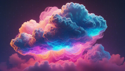 Wall Mural - Vibrant three-dimensional neon cloud in a futuristic, cyber sky: a rainbow spectrum of glowing smoke on a magical, abstract background