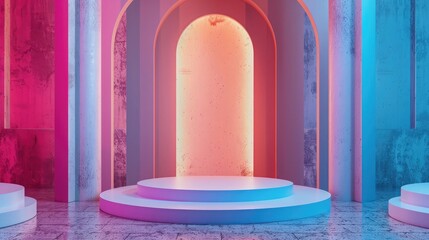 Poster - Interior of corridor with pink walls and floor, arched doorway and vertical mock up poster,Archway building on the water surface,Interior arch and stairs in trendy minimal design