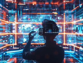 Poster - Individual wearing VR headset interacting with immersive digital environment, surrounded by glowing holographic interfaces and data visuals.

