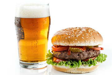 Poster - A juicy hamburger and a glass of cold beer. Created with Generative AI technology.