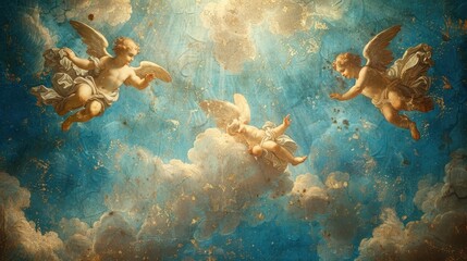 Wall Mural - angels are flying in the sky, with one of them holding a sun