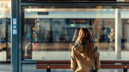 a woman is waiting at the bus stop. Generative Ai