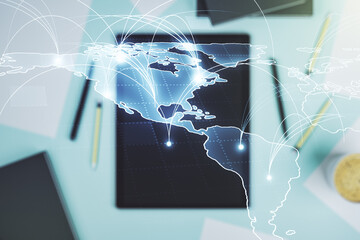 Poster - Double exposure of abstract digital world map with connections and modern digital tablet on background, big data and blockchain concept