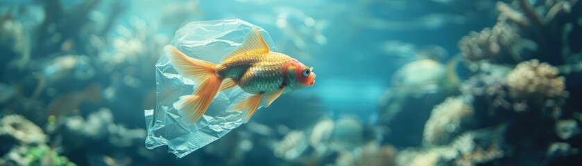 Wall Mural - Fish swimming in an aquarium, one trapped in a plastic bag, highlighting environmental pollution and marine life struggles