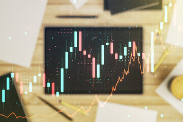 Poster - Double exposure of abstract creative financial chart and digital tablet on background, top view, research and strategy concept