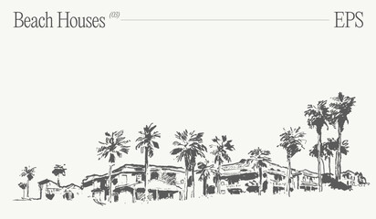 Beach houses in California. Hand drawn vector illustration, sketch.