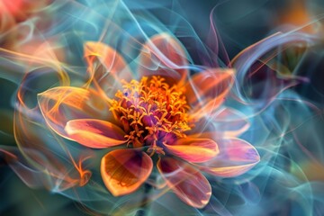 Poster - Vibrant and colorful abstract floral fantasy digital art with neon glowing artwork and swirling designs. Depicting beautiful flowers and petals in a surreal and magical botanical illustration