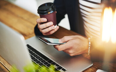 Aufkleber - Coffee, phone text and laptop with man hands at office with website search for social media break. Morning, web designer and creative job with latte and scroll at desk with online design work on tech