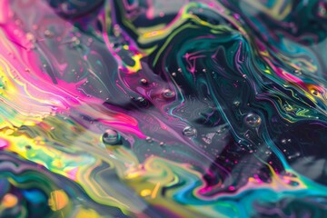 Poster - Abstract image featuring iridescent paint swirls and reflective water droplets