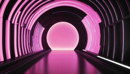 Wall Mural - 3d neon rainbow arch shines brightly against a geometric black background