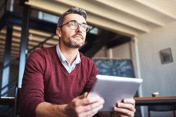 Poster - Vision, thinking or business man on tablet for research, problem solving or project idea in startup. Technology, planning or professional on web app for creative inspiration, dream or online solution