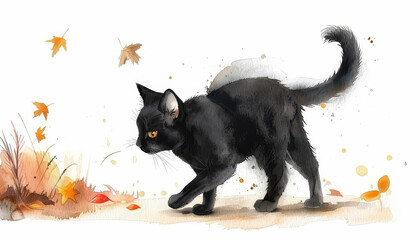 Wall Mural - A black cat is walking through a field of autumn leaves