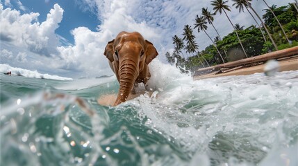 Wall Mural - A big elephant is surfing in the sea.