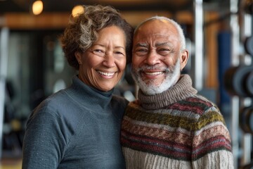 Wall Mural - Portrait of a smiling mixed race couple in their 80s wearing a cozy sweater isolated in dynamic fitness gym background