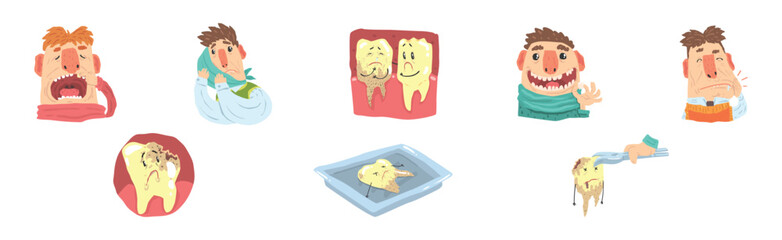 Sticker - Toothache and Visit to Dental Clinic with Funny Cartoon Character Vector Set