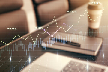Poster - Multi exposure of abstract creative financial graph on modern computer background, forex and investment concept