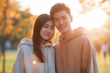 Wall Mural - Portrait of a jovial asian couple in their 20s sporting a comfortable hoodie isolated on bright and cheerful park background