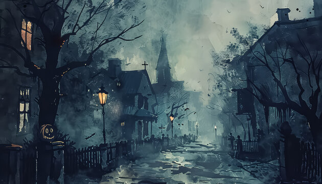 A painting of a town at night with a foggy atmosphere