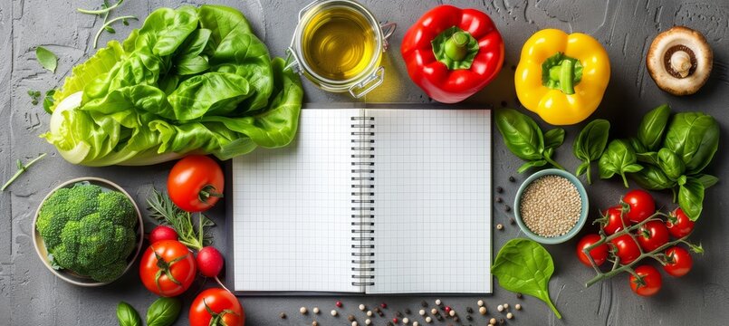 Vegetable themed weight loss notebook mockup for diet planning concept, top view design