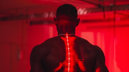 A man stands in a dark red room, facing away from the camera, with red lights shining on his spine.