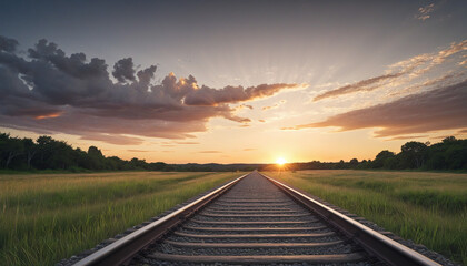 Illustration of a railway track stretching out across the expansive, untouched landscape at dusk in rural America