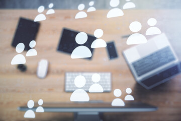 Aufkleber - Double exposure of social network icons concept with modern laptop on background. Marketing and promotion concept