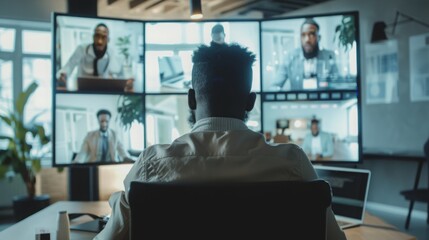 Poster - a man sits in an office chair, facing away from the camera, and participates in a video conference m