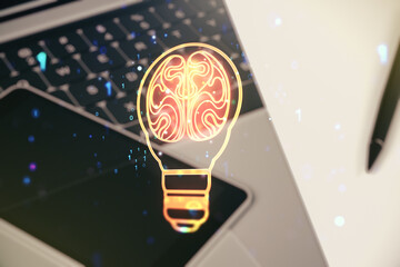 Poster - Creative light bulb illustration with human brain on modern computer background, future technology concept. Multiexposure