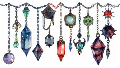 Canvas Print - A collection of various colored crystals and gemstones hanging from a chain