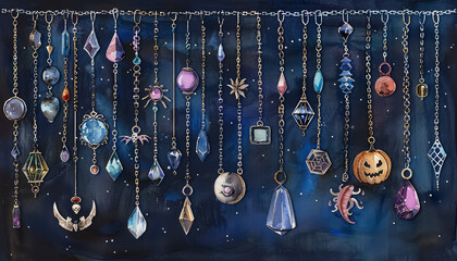 Wall Mural - A collection of various colored crystals and gemstones hanging from a chain