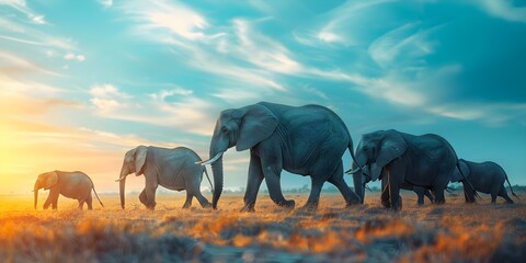 Wall Mural - Elephants migrating due to climate change impact on food and water sources. Concept Climate Change, Wildlife Migration, Elephant Conservation, Environmental Impact, Habitat Loss