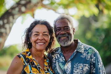 Sticker - Portrait of a grinning multiethnic couple in their 40s sporting a vented fishing shirt isolated in bright and cheerful park background