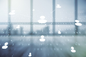 Aufkleber - Double exposure of social network icons hologram on empty room interior background. Networking concept