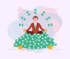 Wall Mural - Businessman sitting on heap of money. Happy man getting profit flat vector illustration. Finance business success, investment concept for banner, website design or landing page