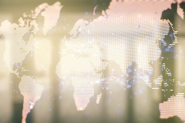 Aufkleber - Double exposure of abstract digital world map hologram on empty room interior background, big data and blockchain concept