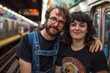 © Markus Schröder - Portrait of a happy couple in their 30s sporting a vintage band t-shirt in front of bustling city subway background