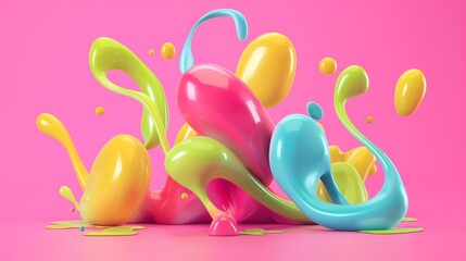 Colorful abstract liquid shapes splashing against a bright pink background in a dynamic 3D illustration