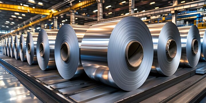 Large shiny rolls of aluminum foil or steel in metallurgical production. Concept Metallurgy, Aluminum foil production, Steel industry, Industrial machinery, Manufacturing process