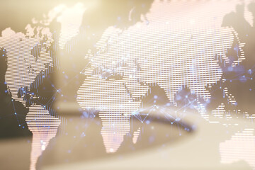Aufkleber - Multi exposure of abstract creative digital world map hologram on empty modern office background, research and analytics concept