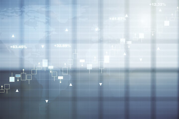 Poster - Abstract creative financial graph interface and world map on empty corporate office background, forex and investment concept. Multiexposure