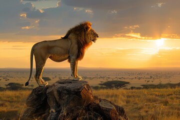 a majestic lion surveys the african savanna from atop a rock as the sun sets in the distance. genera